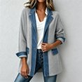 thumbnail image 7 of Fnooota Women's Shackets, Button Front Casual Collared Long Sleeve Denim Patchwork Ribbed Knit Shirt Jacket Gray Size L, 7 of 7