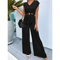 thumbnail image 3 of Women'S Summer 2 Piece Outfits 2025 Cap Sleeve V Neck Belted Crop Tops Wide Leg Pants Sets Casual Tracksuit Black S, 3 of 6