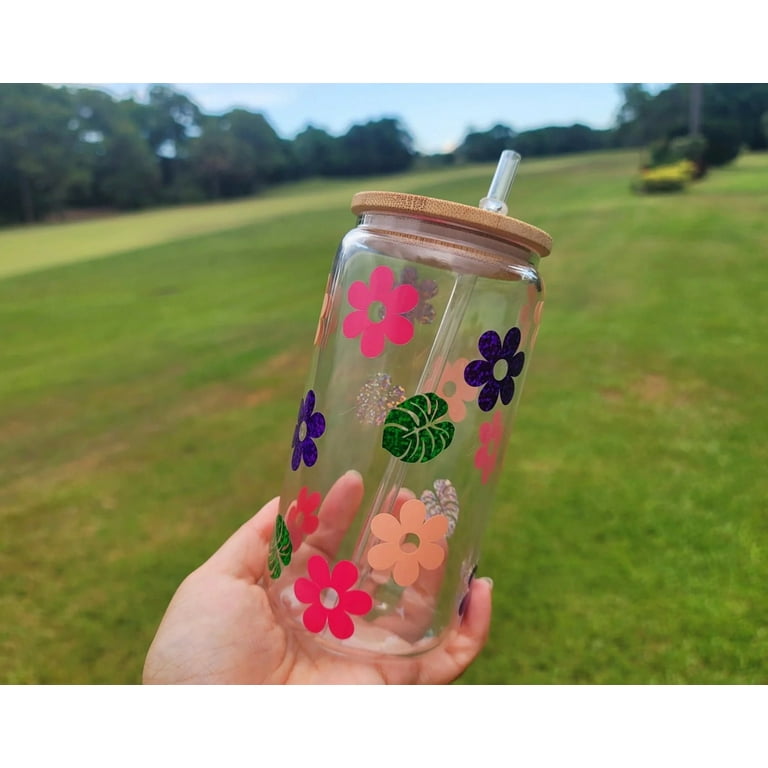 Personalized Daisy Glass Cup, Beer Can Glass With Lid & Straw