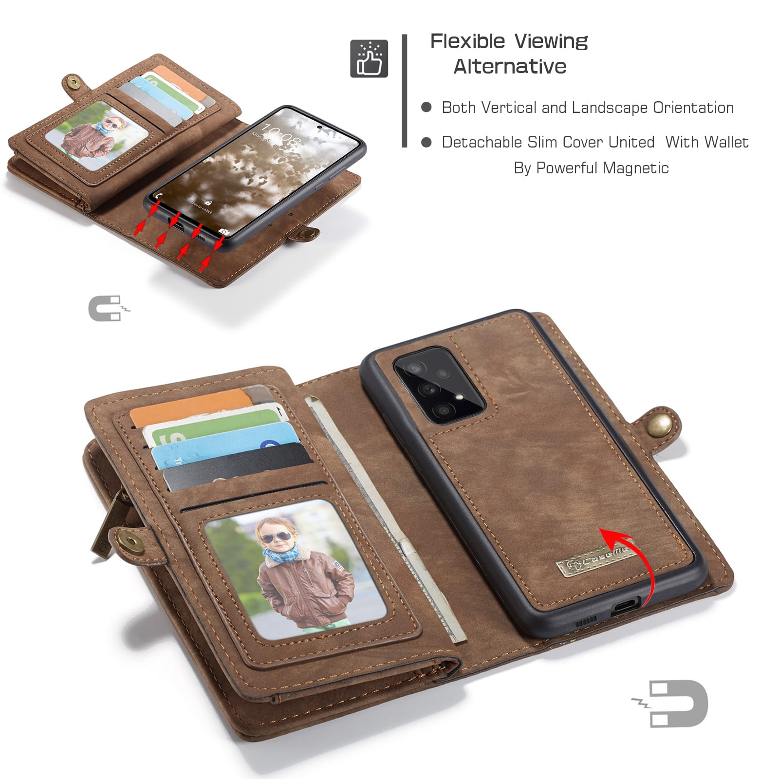 Samsung Galaxy A53 5G Wallet Case for Women Men, Dteck Heavy Duty PU Leather Flip Case Detachable Phone Cover with 8 Card Slots Zipper Purse with Wrist Strap for Samsung Galaxy A53 5G,Coffee