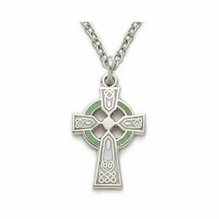 .925 Sterling Silver Celtic cross crucifix Pendant with Green Enamel Celtic Celtic Comes with a 18'' Chain Necklace in a deluxe velvet box