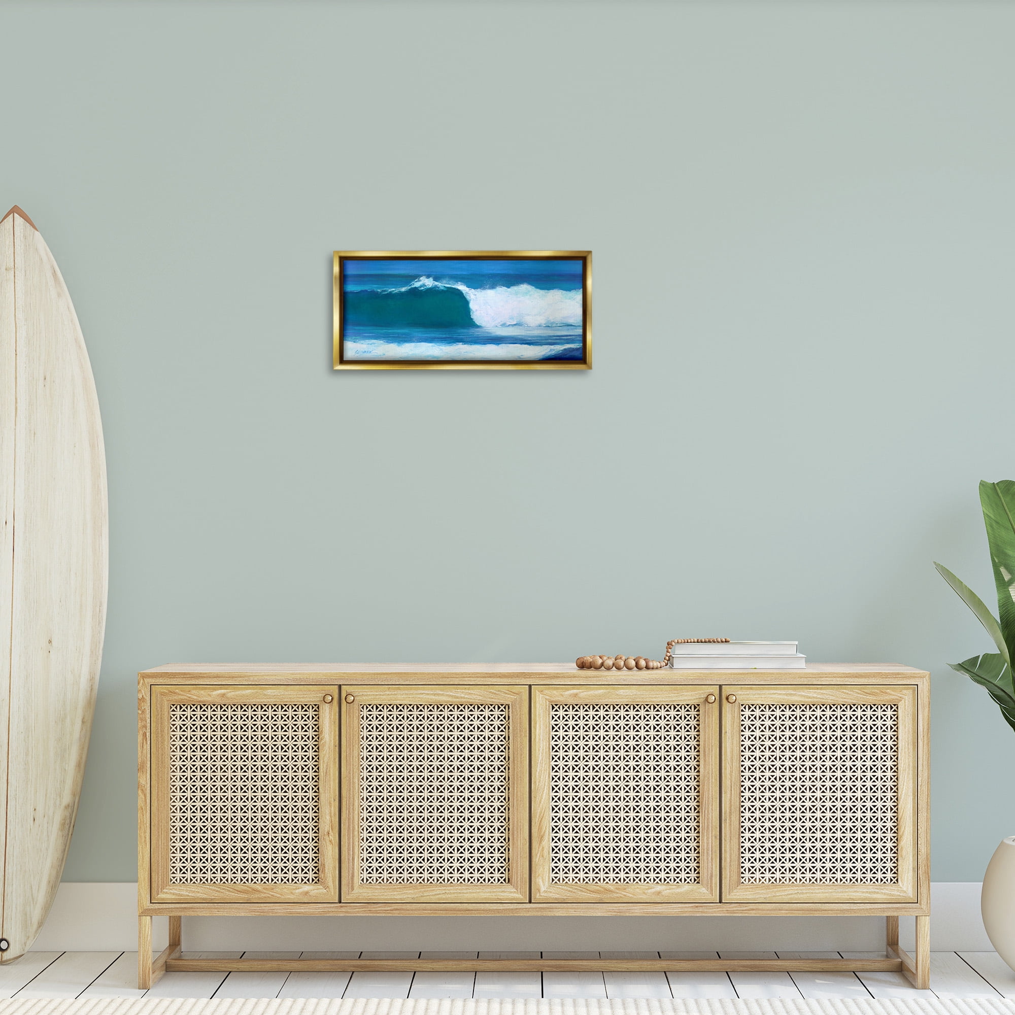 Stupell Industries Crested Beach Wave Nature Painting Gold Floater Framed Canvas Art Print Wall Art, 25 x 11