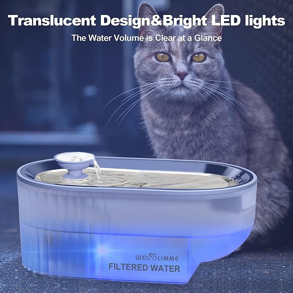 WEGOLIMME Cat Water Bowls Fountain Stainless Steel 2.5L Dog Drinking Fountain Pet Automatic Water Dispenser with LED Light and 8 Replacement Filters