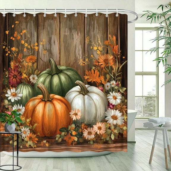 [Halloween] 1pc Halloween Pumpkin and Floral Pattern Polyester Shower Curtain, Natural Autumn Plant Landscape Bathroom Decor Polyester Fabric Includes 12 Hooks 72x72 inch