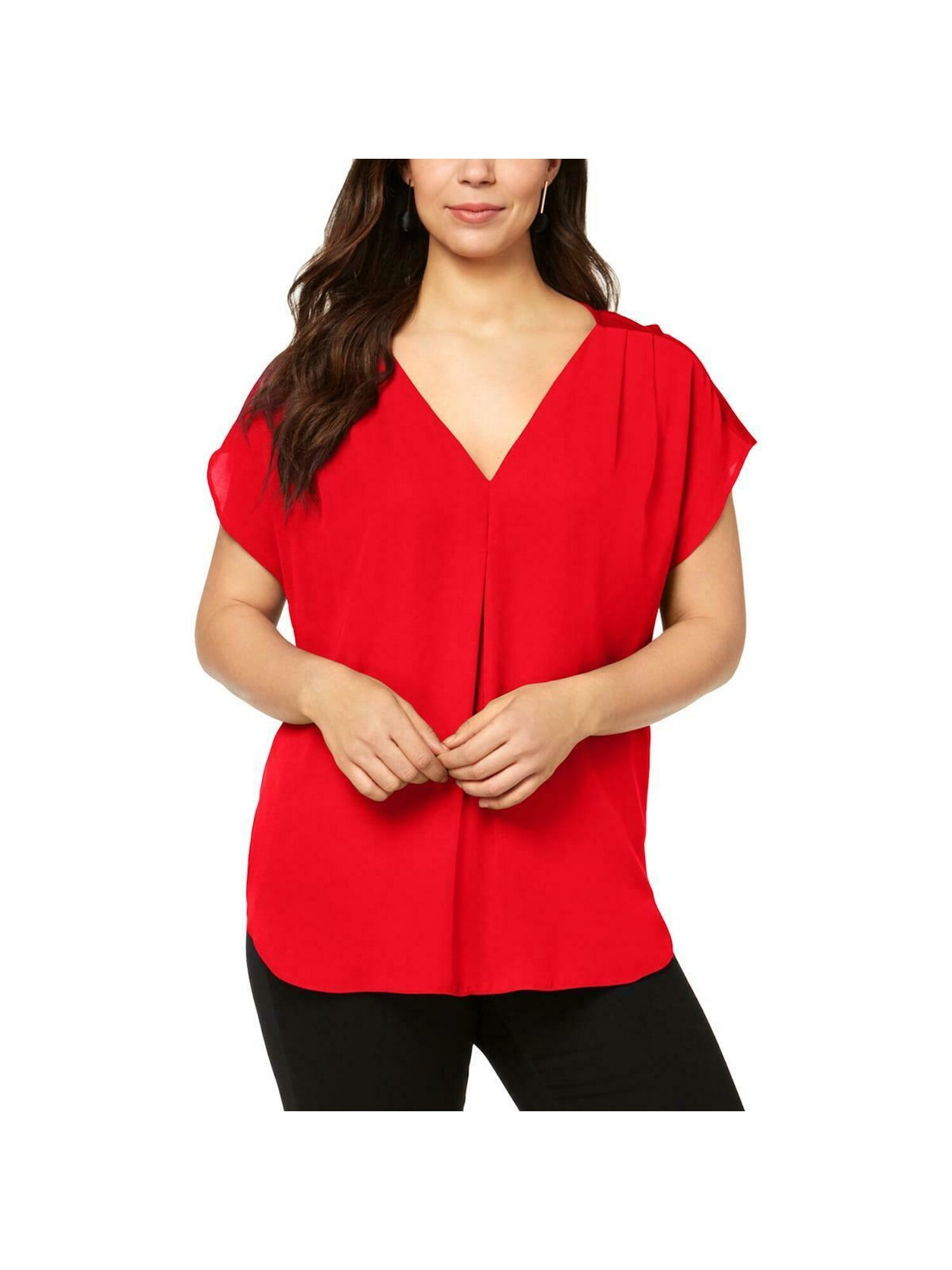 INC INC Womens Red Short Sleeve V Neck Blouse Wear To Work Top Plus
