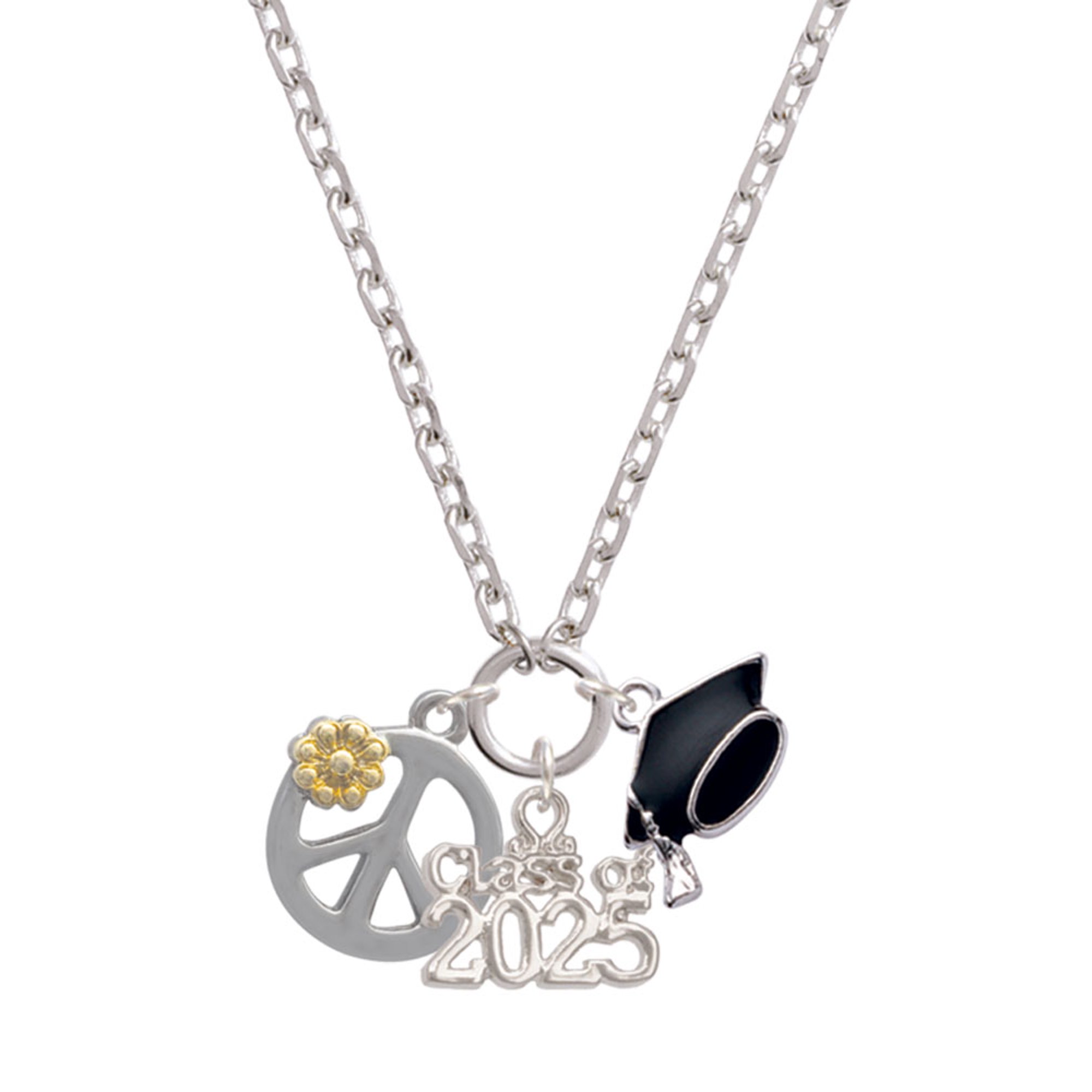 Delight Jewelry Two-tone Large Peace Sign with Daisy and Crystal - Silver-tone Class of 2025 Graduation Zoey Necklace, 28"