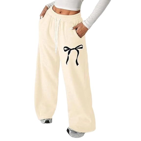 Women's Sweatpants Wide Leg Bow Sweat Pants Baggy Drawstring Jogging Pants Yoga Lounge Pant with Pockets Khaki L