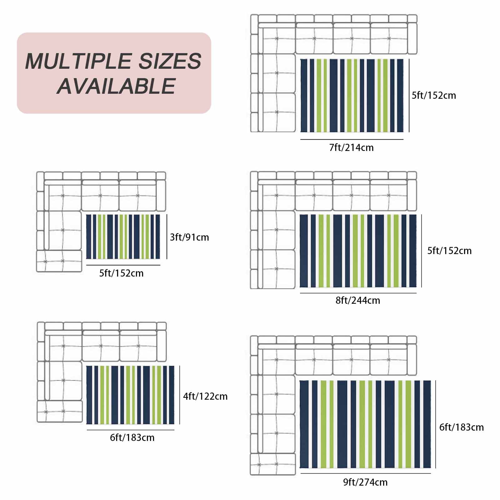 Navy Blue Green Striped Outdoor Rug for Patio/Deck/Porch, Non-Slip Large Area Rug 4 x 6 Ft, Modern Minimalist Ombre Lines Indoor Outdoor Rugs Washable Area Rugs, Reversible Camping Rug Carpet Runner