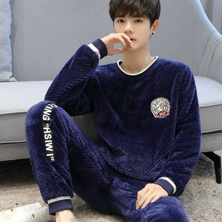 

CoCopeaunt Pajamas mens autumn and winter Korean version of thickened velvet mens coral velvet winter warm suit long-sleeved home wear