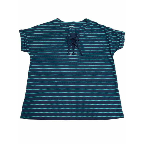 Womens Navy Blue & Teal Striped Short Sleeve Lace Front Shirt Top T-shirt Small