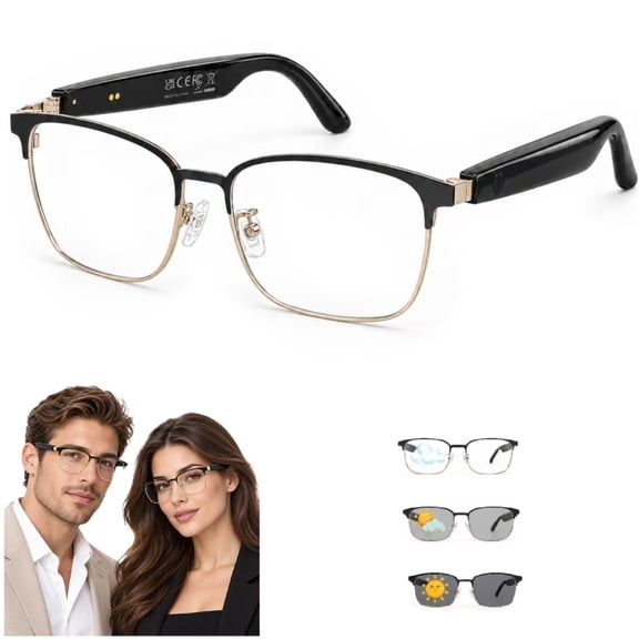 Genxenon Bluetooth Glasses with Photochromic Lenses for Men and Women,Voice Assistant,Hands-Free Calls,Gold Metal Half Frame Unisex,Suitable for Meetings and Offices