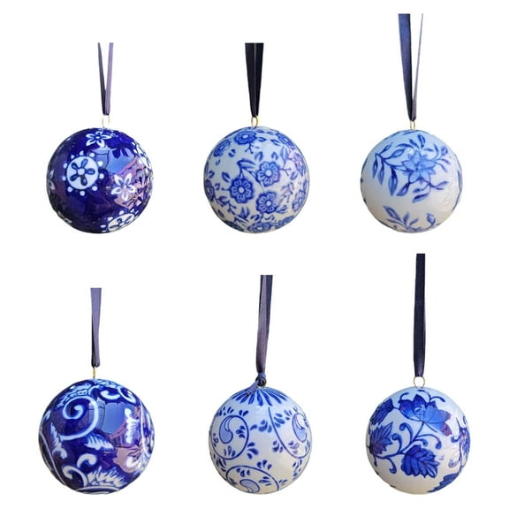 Pack of 6 Blue White Porcelain Christmases Tree Hanging Ornament Ball