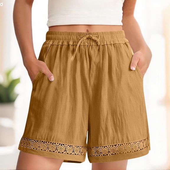 Lenpel Women's Plus Size Cotton Linen Shorts Elastic High Waisted Wide Leg Hollow out Hem Casual Shorts Summer Beach Shorts