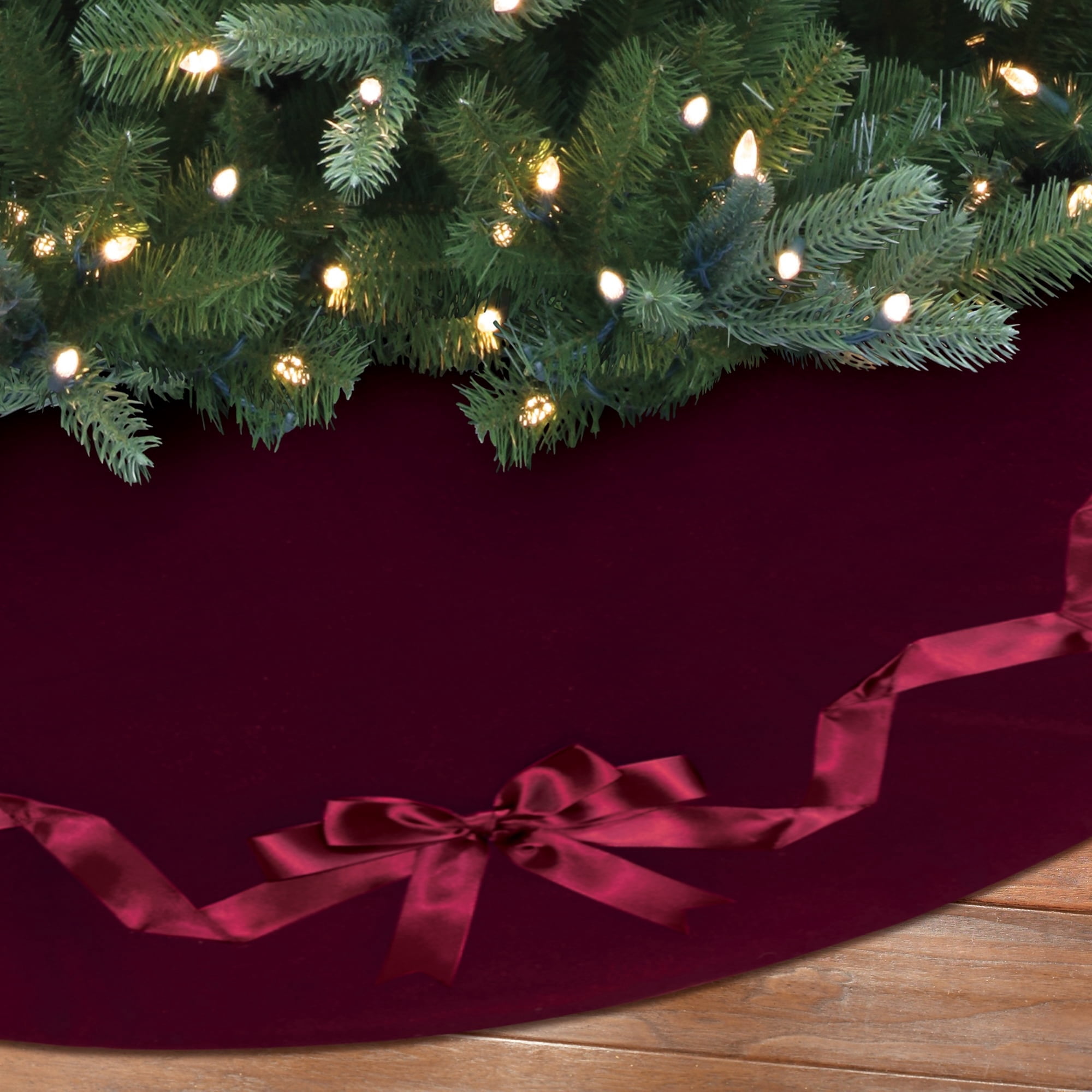 Mohair Christmas Tree Skirt with Ribbon Bow, Burgundy, 48", by Holiday Time