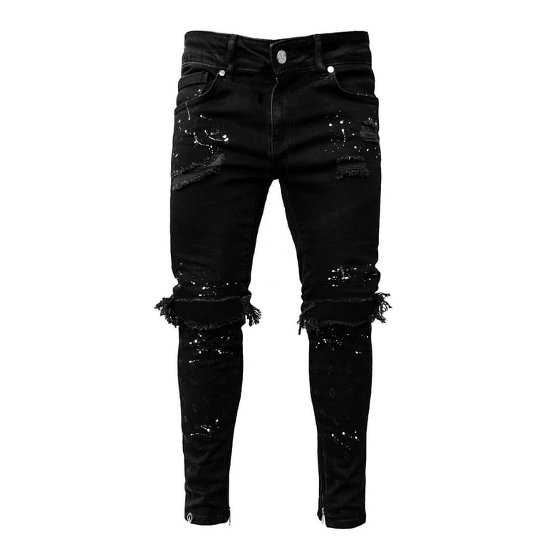 Entyinea Ripped Jeans for Men Regular Fit Tapered Leg Distressed Destroyed  Pants Black M 