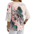 thumbnail image 2 of Xoenoiee Tiger Plum Blossom Paint Splatter Print Cotton Linen Button Down Shirt for Women V Neck Blouse Casual 3/4 Sleeve Tops Loose Fit Cotton Blouses, 4XL, 2 of 7