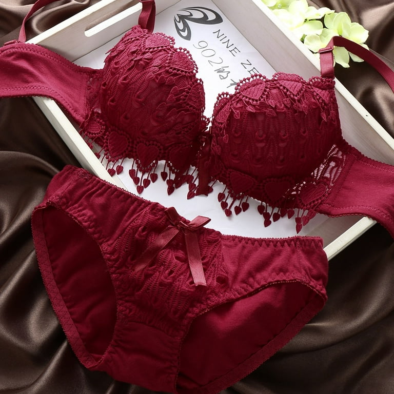 Women's Embroidery Bras Set Lace Lingerie Bra and Panties 