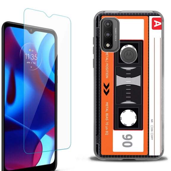 Slim-Fit Protective Phone Case (Black) compatible with Motorola Moto G Pure 5G, with Tempered Glass Screen Protector, by OneToughShield ® - Cassette Orange