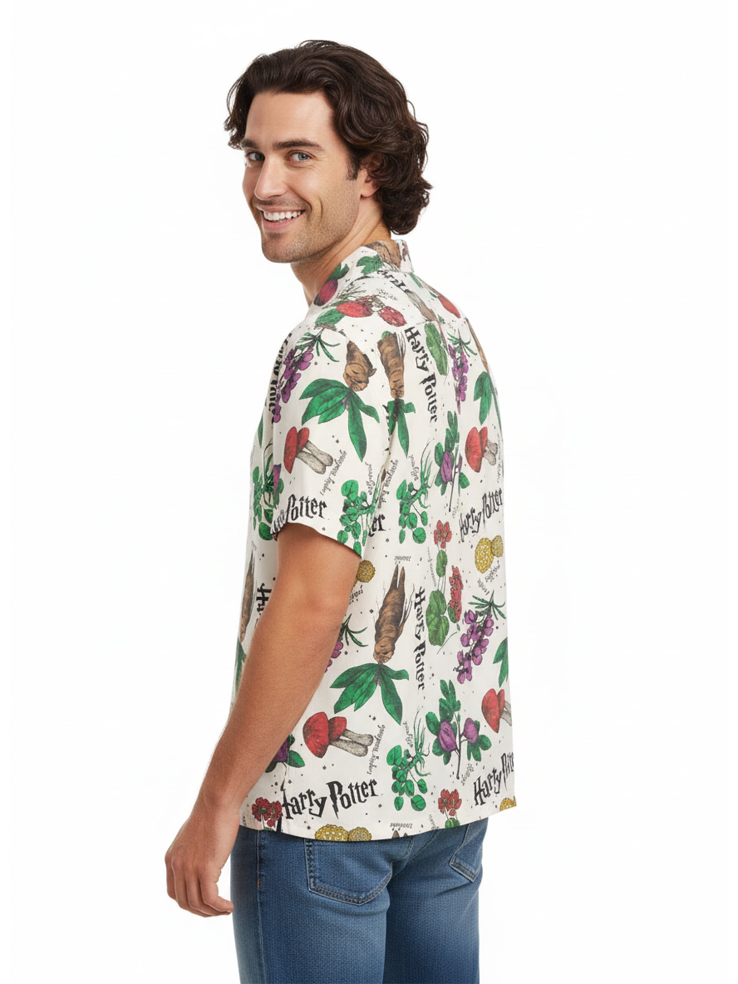 Harry Potter Men’s Short Sleeve Button-Up Camp Shirt, Herb AOP, Sizes S–3XL