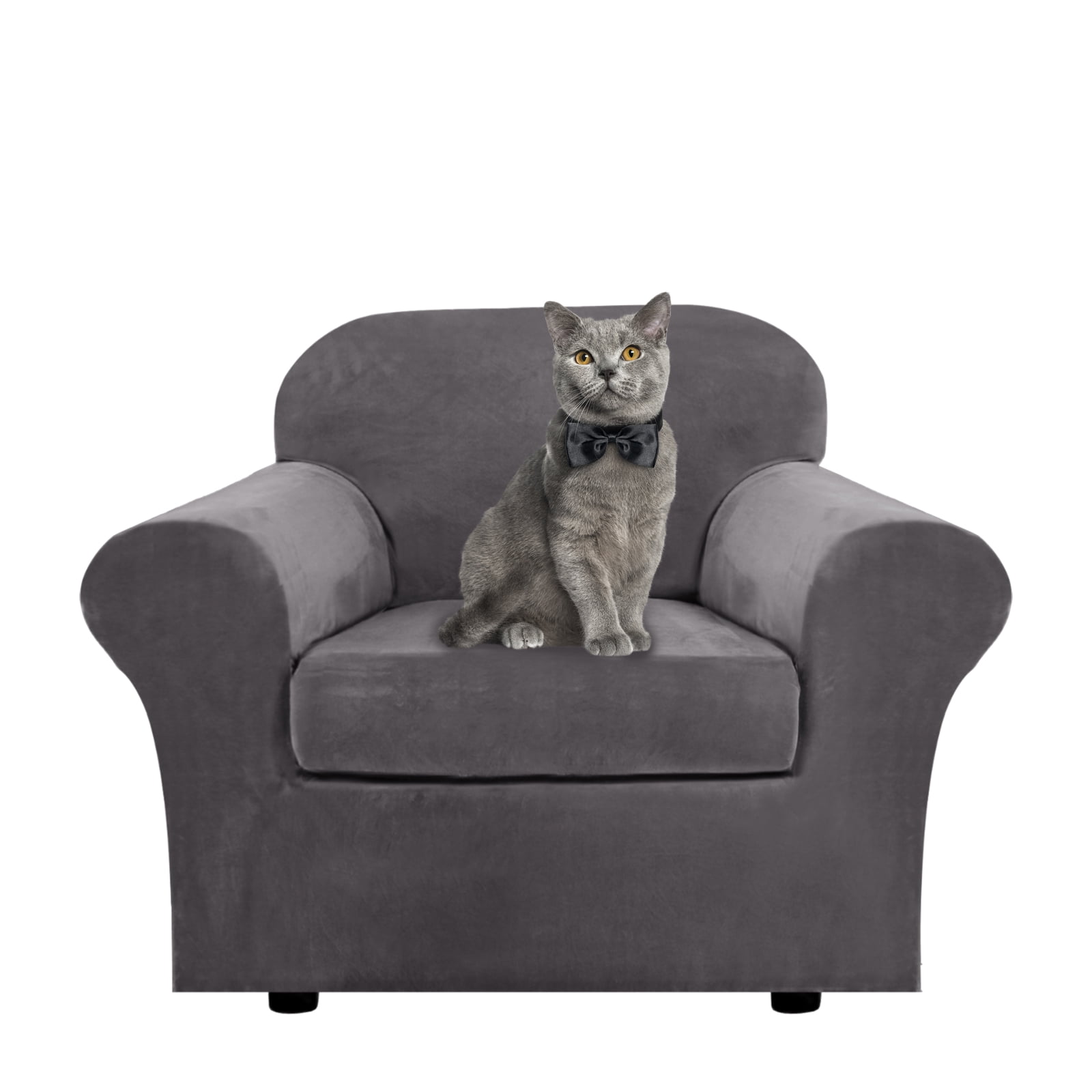 SHANNA Sofa Covers Stretch Velvet Couch Covers with Seperate Seat Cushion Covers, Armchair /Loveseat / Sofa Slipcovers (Gray, Armchair Cover)