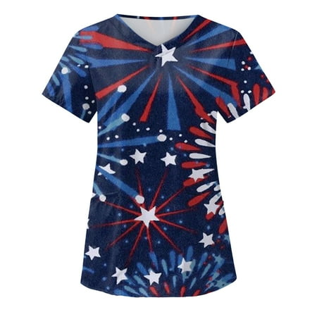 

Scrubs Tops For Women Print Summer Independence Day Printed Care V-Neck Working Uniform