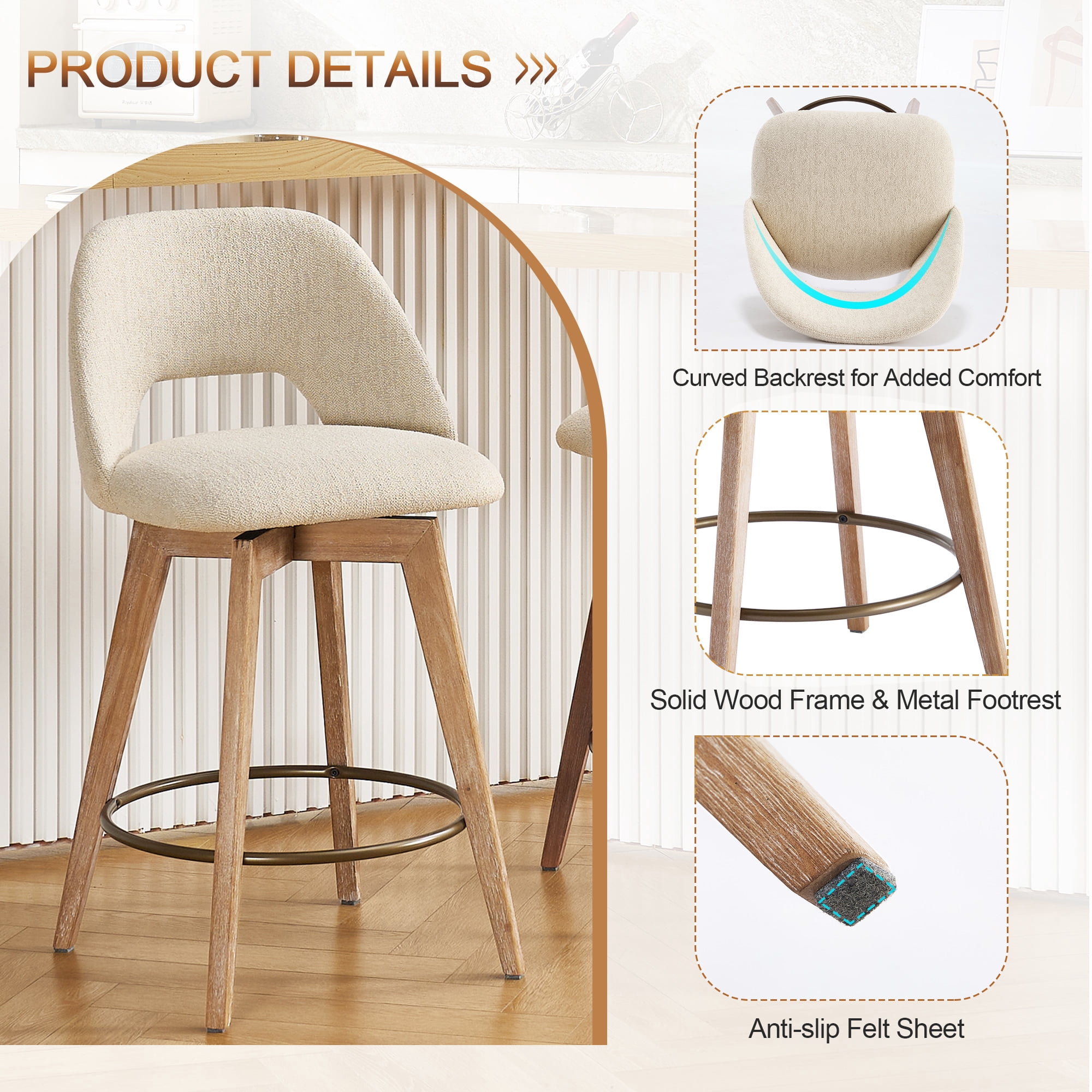 Zesthouse 26.8" Swivel Bar Stools Set of 2, Linen Upholstered Counter Height Stools with Open Back and Brushed Wooden Legs, Mid Century Barstools Kitchen Bar Chairs for 36"-39" Countertop, Beige