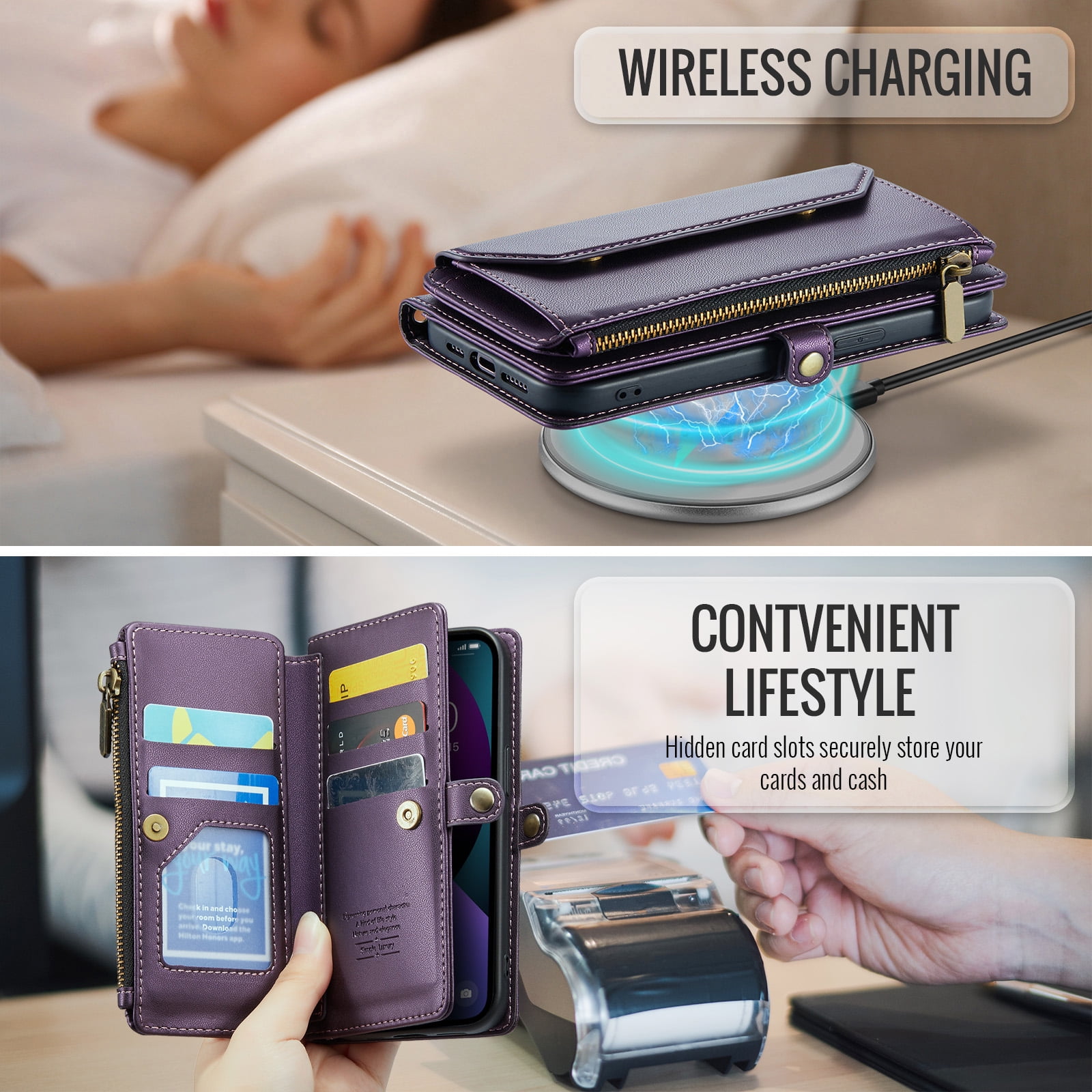 Compatible with iPhone 15 Plus 6.7 inch Zipper Wallet Phone Case Tempered Glass Screen Protector Crossbody Lanyard Strap Flip Card Holder Slot Cell Cover for i Phone15 15+ i15 + 15Plus Women Purple