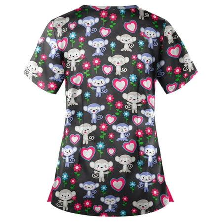 

Women Scrubs Top Love Heart Printed Fashion Short Sleeve With Pocket Spring Summer Daily Nursing Uniforms Nursing Care Working Uniforms