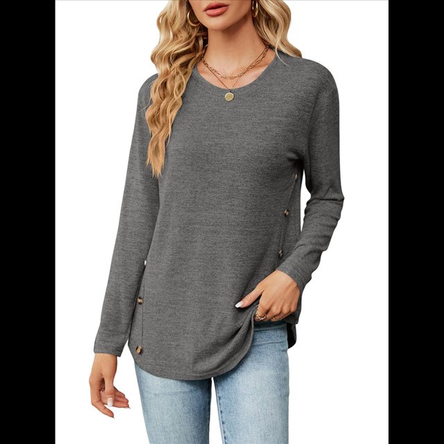 Blusas de Larga con Cuello Redondo para Mujer, Blusas Holgadas con Botones para Otoño e Invierno 2025. Gris Oscuro XL