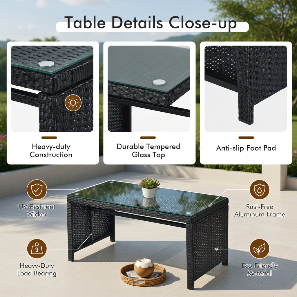 Hommoo 4-Piece Modern Black PE Rattan Patio Furniture Set with Weather-Resistant Cushions, Tempered Glass Coffee Table, Loveseat & 2 Single Sofas for Backyard, Poolside & Balcony, Turquoise