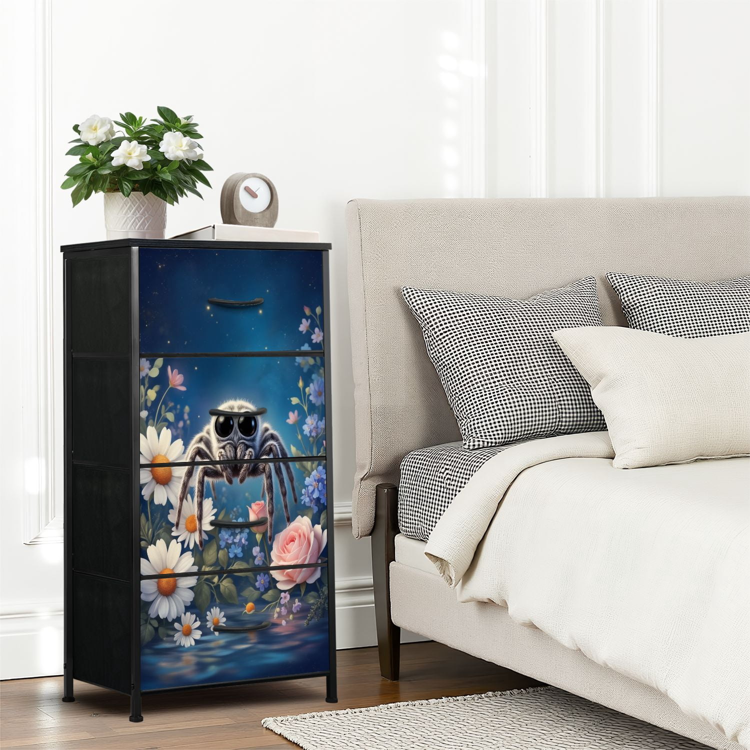 Gothic Dresser for Bedroom with 4 Storage Drawers Cute Furry Jumping Spiders Soft Pastel Flowers Dressers Chest of Drawers Steel Framed Fabric Closet Organizers for Dorm Entryway