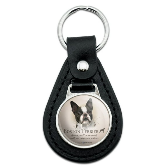 Black Leather  Boston Terrier Dog Breed Keychain