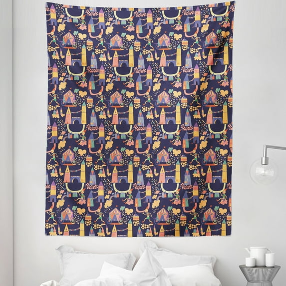 Cartoon Tapestry, Carnival Pattern with Circus Carts Doodle Style Castles and Houses Illustration, Fabric Wall Hanging Decor for Bedroom Living Room Dorm, 5 Sizes, Multicolor, by Ambesonne