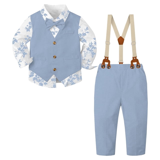Traje SANGTREE de lino de 5 piezas para niños, azul floral, de 9 a 12 meses
