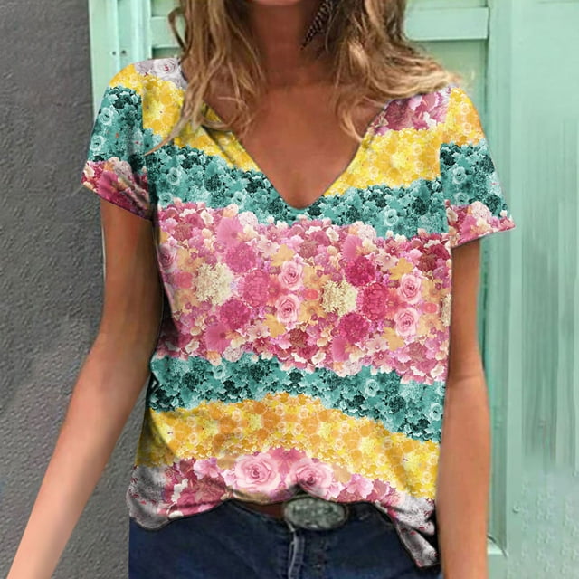 Hauts d'Été Grande Taille pour Femmes Tendance Femmes Blouse Imprimée d'Été T-Shirts Décontractés à Col en V Manches Courtes T-Shirts Hauts T-Shirt à Col en V Femmes en Liquidation