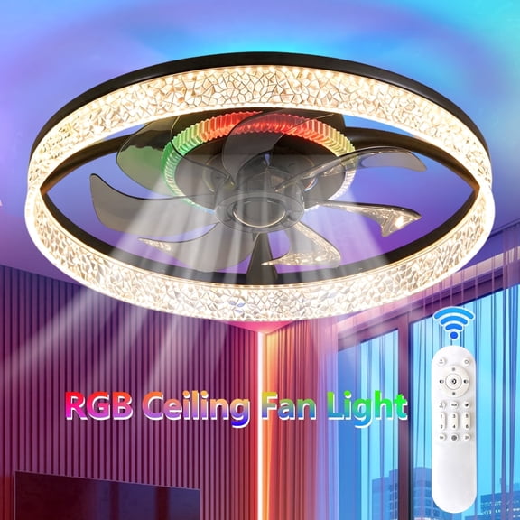 GCGAFUL Flush Mount Ceiling Fan with Light and Remote, RGB Fan Light with Reversible & 6 Speeds for Bedroom, Dining Room. LED