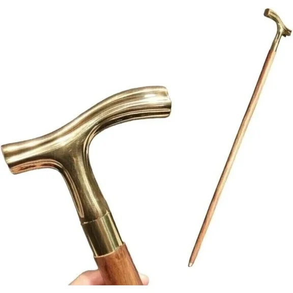 Vintage Wooden Walking Stick with Solid Brass Designer Handle