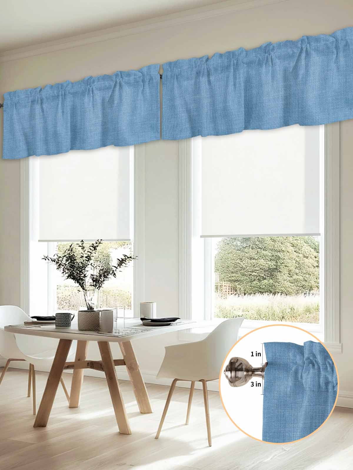 2 Panels Blue Valance for Windows, Farmhouse Burlap Solid Blue Color Modern Linen Texture Light Filtering Kitchen Curtains, Rod Pocket Window Treatment Curtain Valances for Living Room, 42"x12"
