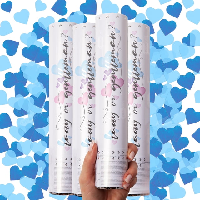 Gender Reveal Confeti Cannon PrimePure, en forma de corazón, azul, paquete de 4
