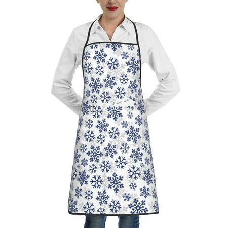 

Qekee Dark Blue Snowflakes Print Adjustable Bib Apron Resistant with Pocket Cooking Kitchen Aprons for Women Men Server Chef Apron