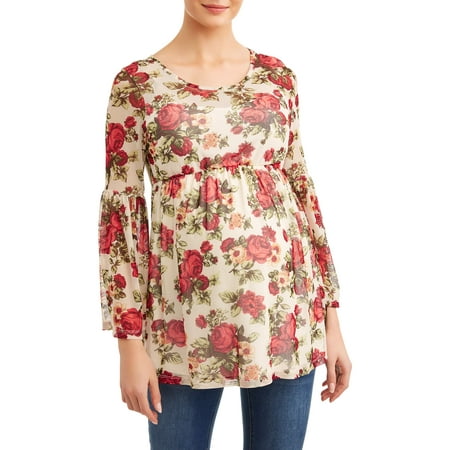 Empire Waist Faux Wrap Top - Maternity Floral Bell Sleeve Knit Top with Empire Waist