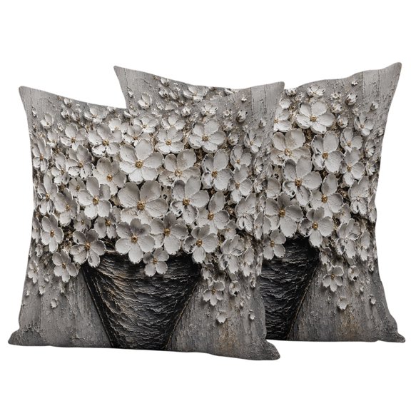 Abstract Floral Outdoor Waterproof Pillow Covers, Vintage White Flowers Retro Painting Decorative Square Throw Pillowcase Sofa Cushion Sham for Patio/Couch/Chair, 20"x20" 2 Pack