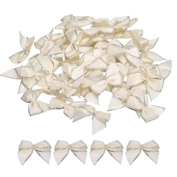 Uxcell 50Pcs Mini Metallic Edge Ribbon Bow 1" Satin Ribbon Flower Bows Soft Craft DIY Hair Bow Silver Edge Cream