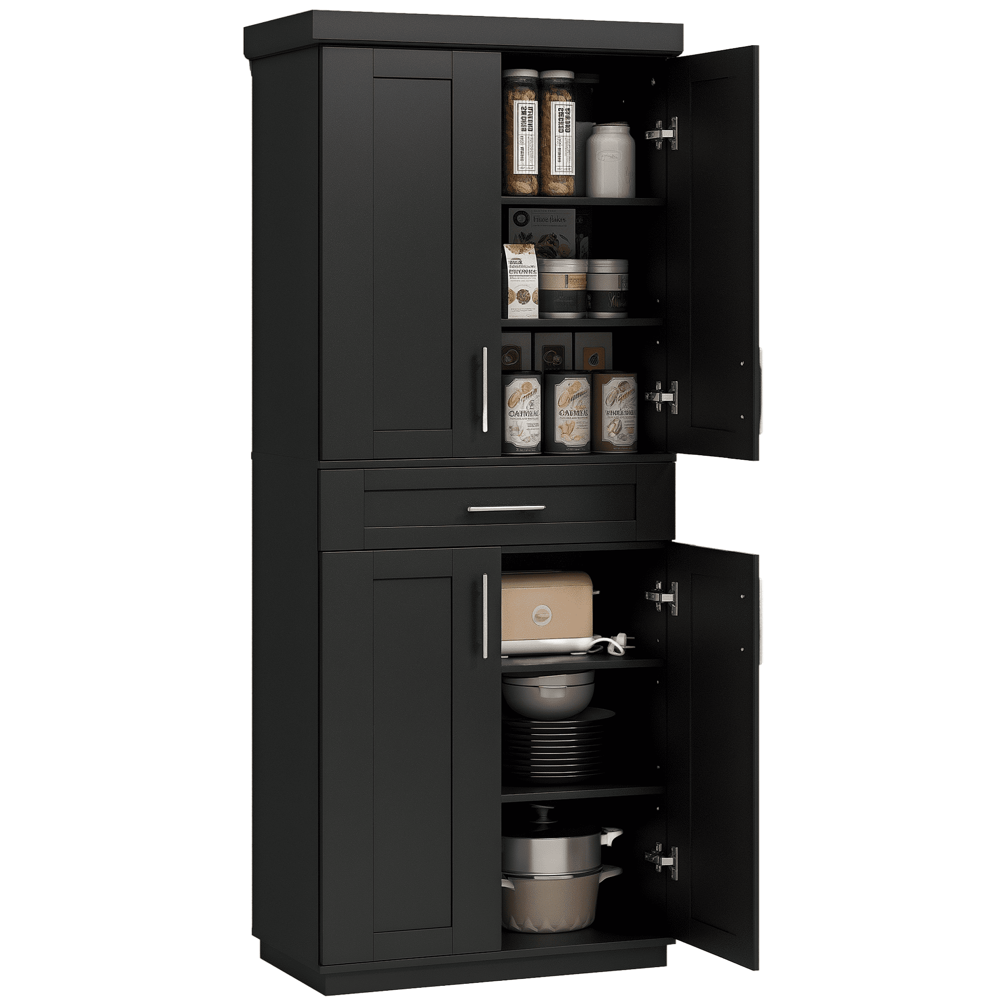 HOMCOM Tall Kitchen Pantry Freestanding Cabinet Cupboard with Doors and Drawer, Adjustable Shelving, Black