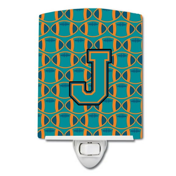 Letter J Football Aqua, Orange and Marine Blue Ceramic Night Light