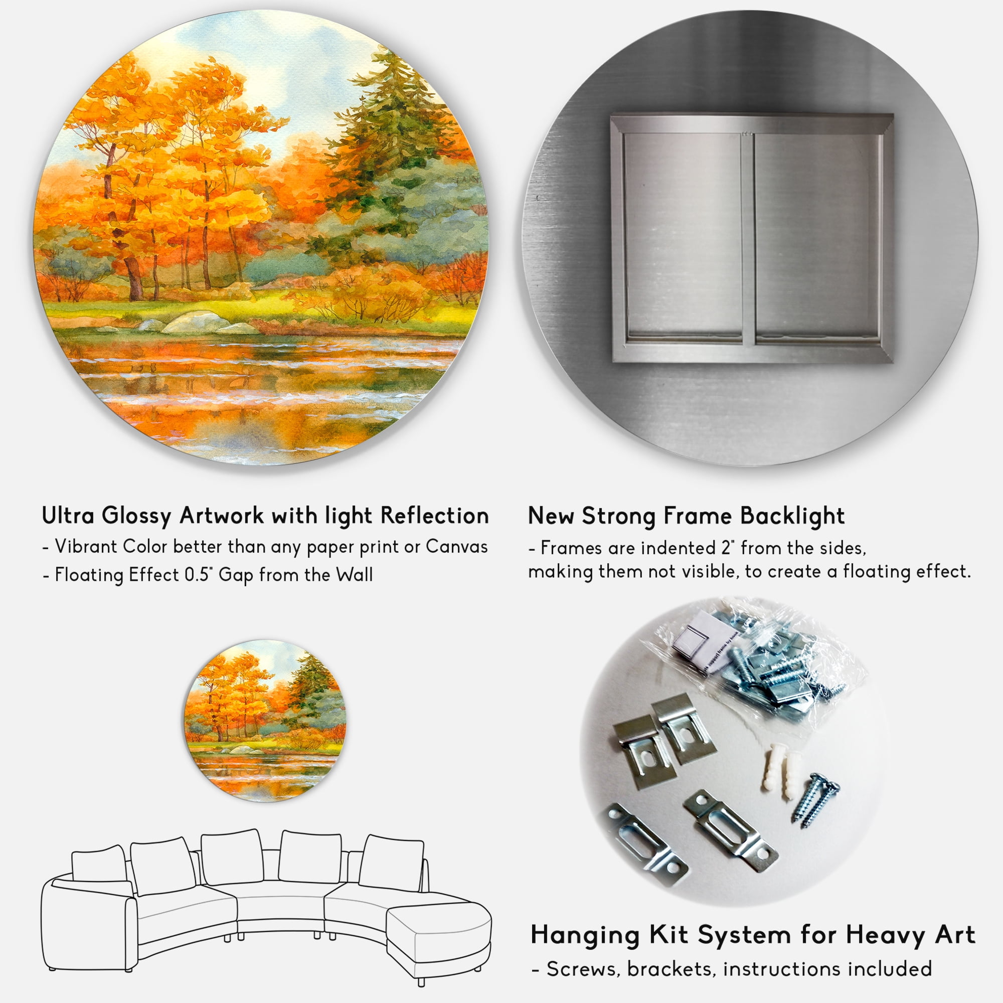 Designart 'Autumn Forest By The Lake Side IV' Lake House Circle Metal Wall Art 23x23 - Disc of 23