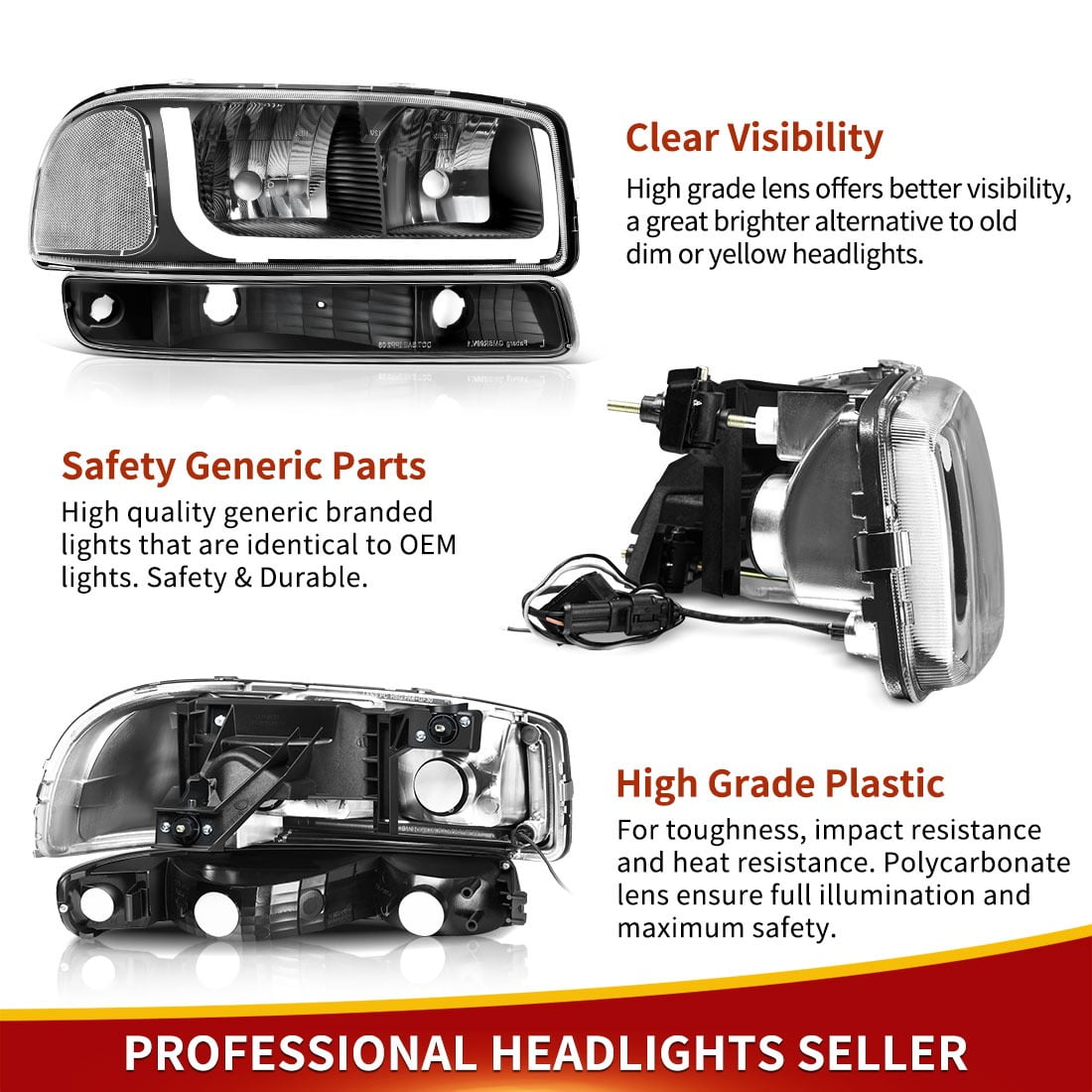 RVNI For 1999-2006 GMC Sierra Yukon XL LED DRL Black Headlights Bumper Signal Lamps