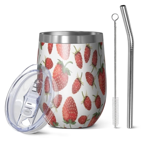12oz Stemless Wine Tumblers Strawberry Plants Fruit White Pattern Vacuum Insulated Stainless Steel Travel Tumbler Cups Mug with Lid and Straw for Champaign,Cocktail,Beer with Cleaning Brush
