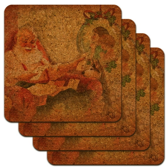 Christmas Holiday Retro Antique Dear Santa Letters Low Profile Novelty Cork Coaster Set