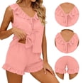thumbnail image 5 of Womens 2 Piece Pajamas Set Ruffle Sleeveless V Neck Lace-up Tank Top & Shorts with Pockets Summer Loungewear (XL, Pink), 5 of 8